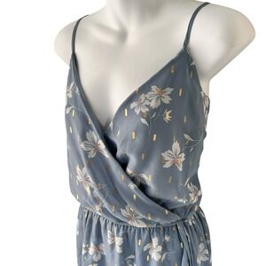 Sleeveless Blue Gold Floral Faux Wrap Dress Large Lined Cottagecore Coquette